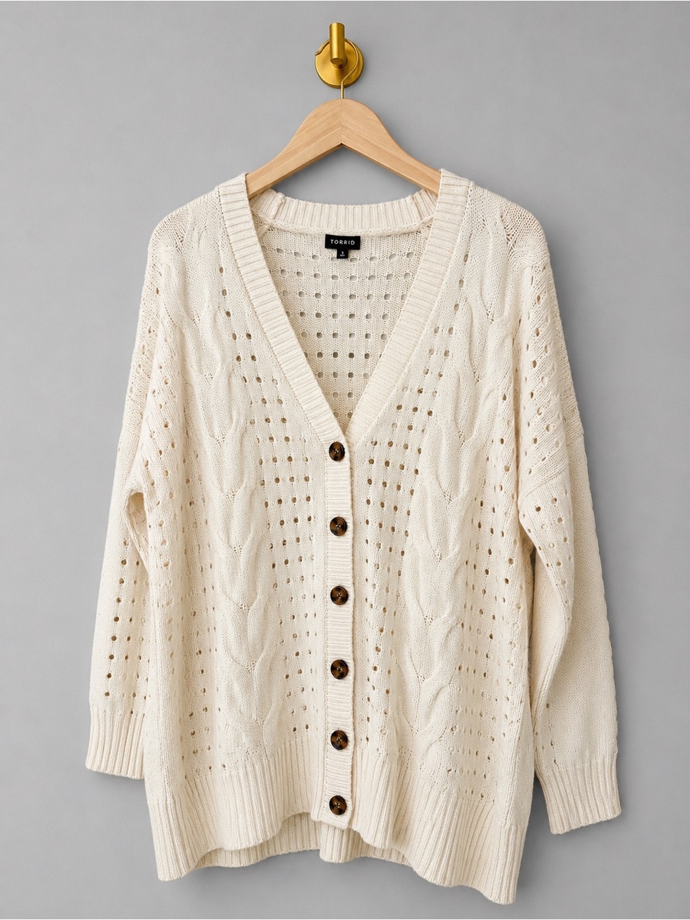 Torrid Ivory Cable Knit Open Stitch Cardigan Women’s Button Front long line